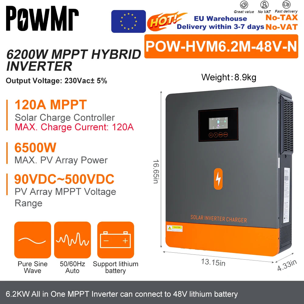 PowMr Hybrid Solväxelriktare 2kW–11kW – Ren Sinusvåg MPPT 120A 12V/24V/48V 220V LiFePO4/Litium/Blåsyra WiFi EU-lager CE
