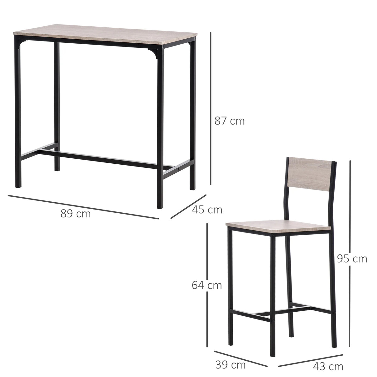 HOMCOM 835-135 barbord med 2 sittmöbler – trädekor och svart metall