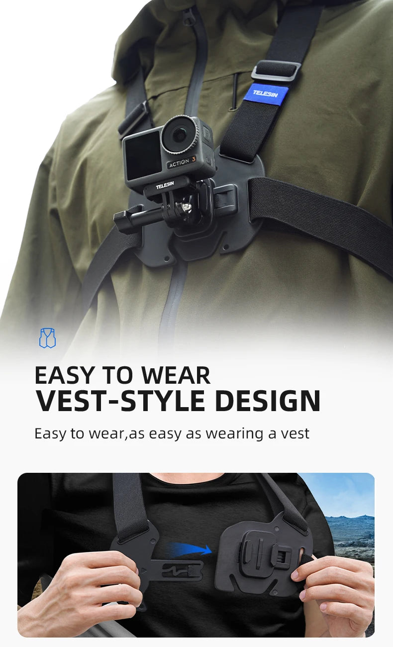 TELESIN Quick-Release Chest Strap Mount for GoPro Hero 13 12 11 10 9 8 7 Insta360 SJCAM DJI OSMO Action 5 4 3 Chest Belt Mount