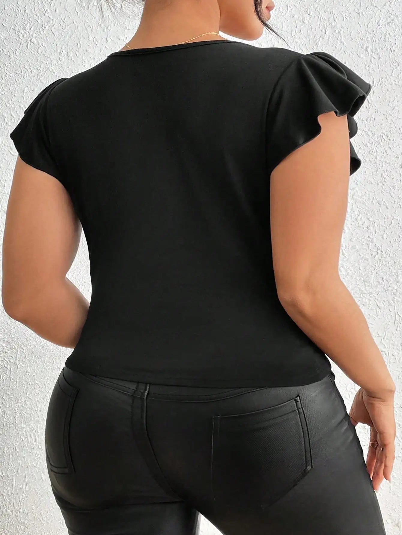 Women Plus Size V-Neck High-Stretch Solid Color Patchwork Ruffle Sleeve  T-shirt, Concert Outfit Rave Outfits Festival