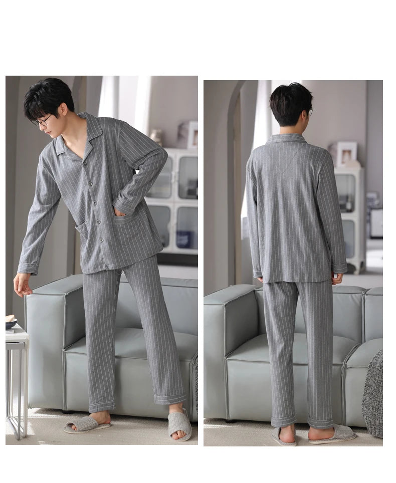 MiiOW Herr Pyjamas Set Vinter – Bomull Långärmad Rutig Grå Krage Plus Size, 8 Färger M–XXXL
