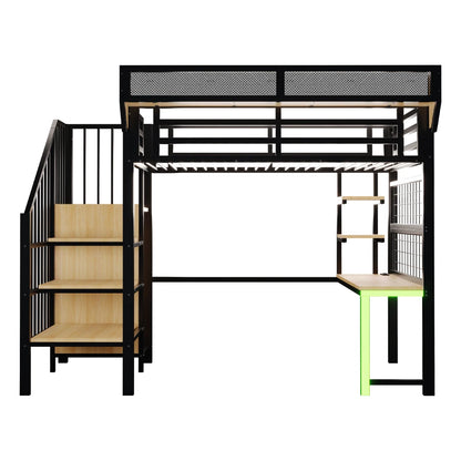 90×200cm & 140*200cm Metal High Bed, with Desk, Shelf and Storage Net, Complete with Safety Ladder, LED Lighting and Socket