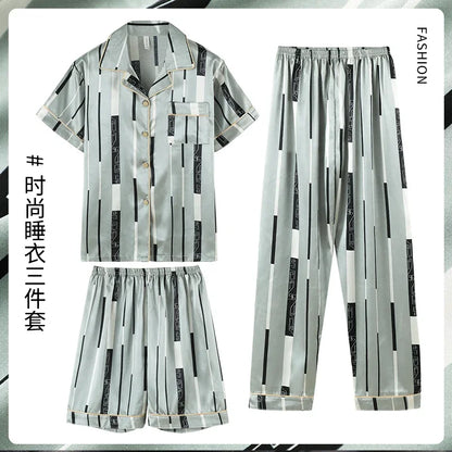 Fashion Summer Autumn 3 Piece Silk Men Pajamas Set Short Sleeve Shorts Oversize Homewear Lapel Collar Loungewear Pijamas for Man
