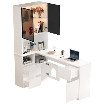 Corner Desk with Shelf and LED Display Cabinet, Desk with Cable Outlet, 3 Drawers, 2 Doors, Open Compartments, Built-in Bookcase