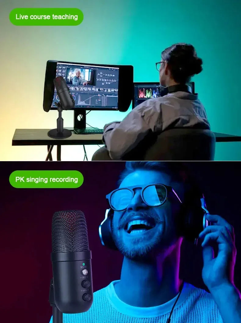 USB Gaming Microphone for PC Condenser Podcast Mic for Studio Recording Headphone Jack RGB Noise Cancellation with Mute Button