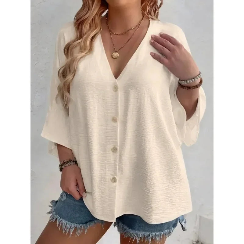 Plus-size Women's T-shirt Solid Color Breathable Spring/summer V-neck Button Travel Casual Wear with European and American Style