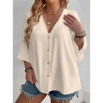 Plus-size Women's T-shirt Solid Color Breathable Spring/summer V-neck Button Travel Casual Wear with European and American Style