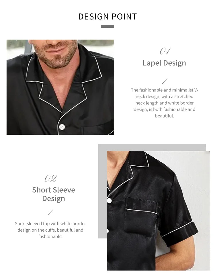 Pyjamasset herr med satinkänsla – kortärmad skjorta och shorts, S–XL