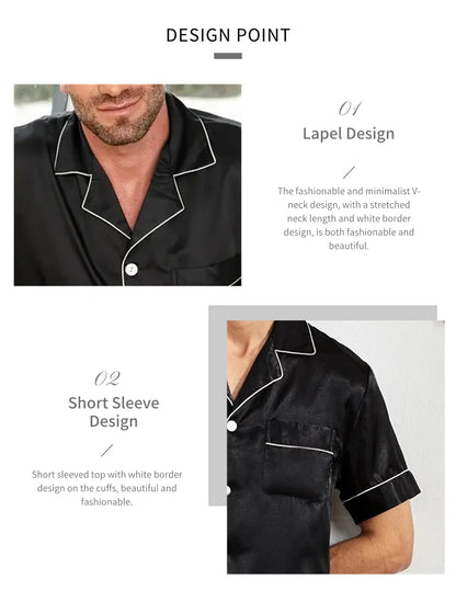 Pyjamasset herr med satinkänsla – kortärmad skjorta och shorts, S–XL