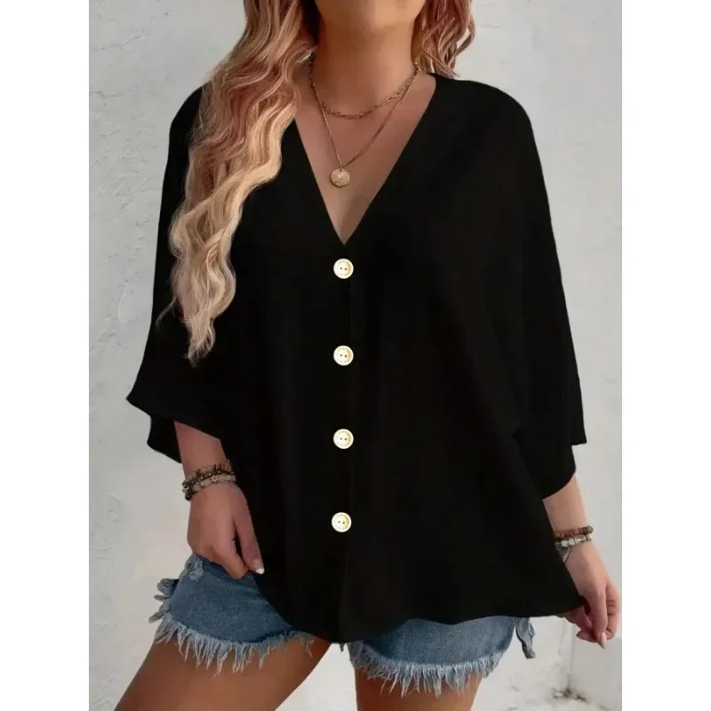 Plus-size Women's T-shirt Solid Color Breathable Spring/summer V-neck Button Travel Casual Wear with European and American Style