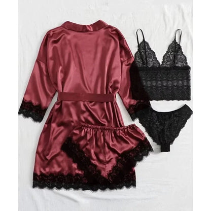 Pyjamasset dam med satinkänsla och spets – sex färger, S–2XL