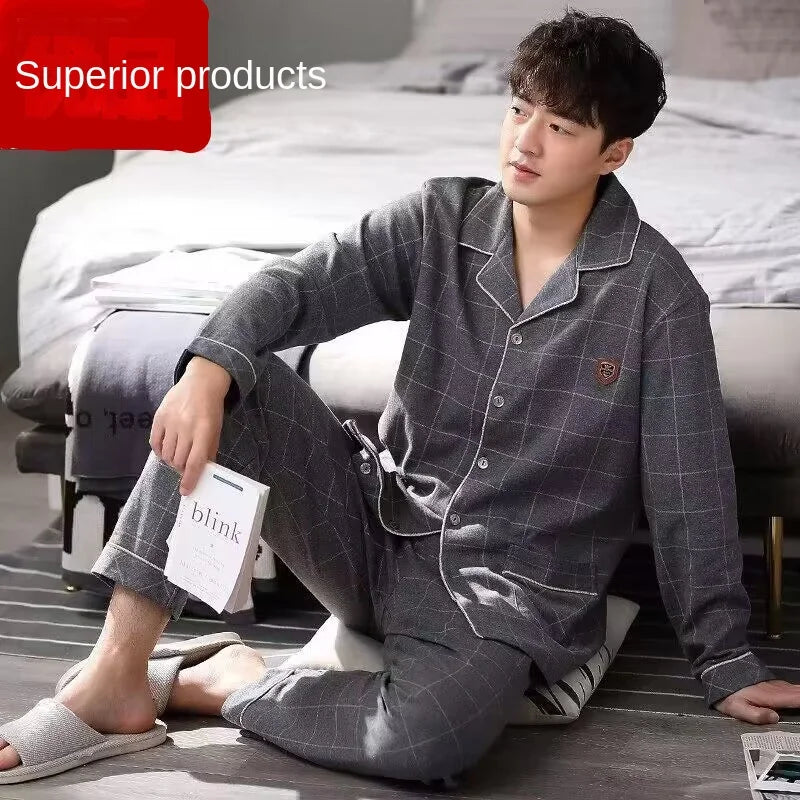 Herr Pyjamas Set – Långärmad & Långa Byxor Tunn Polyester Året Runt Plus Size, 5 Färger M–4XL