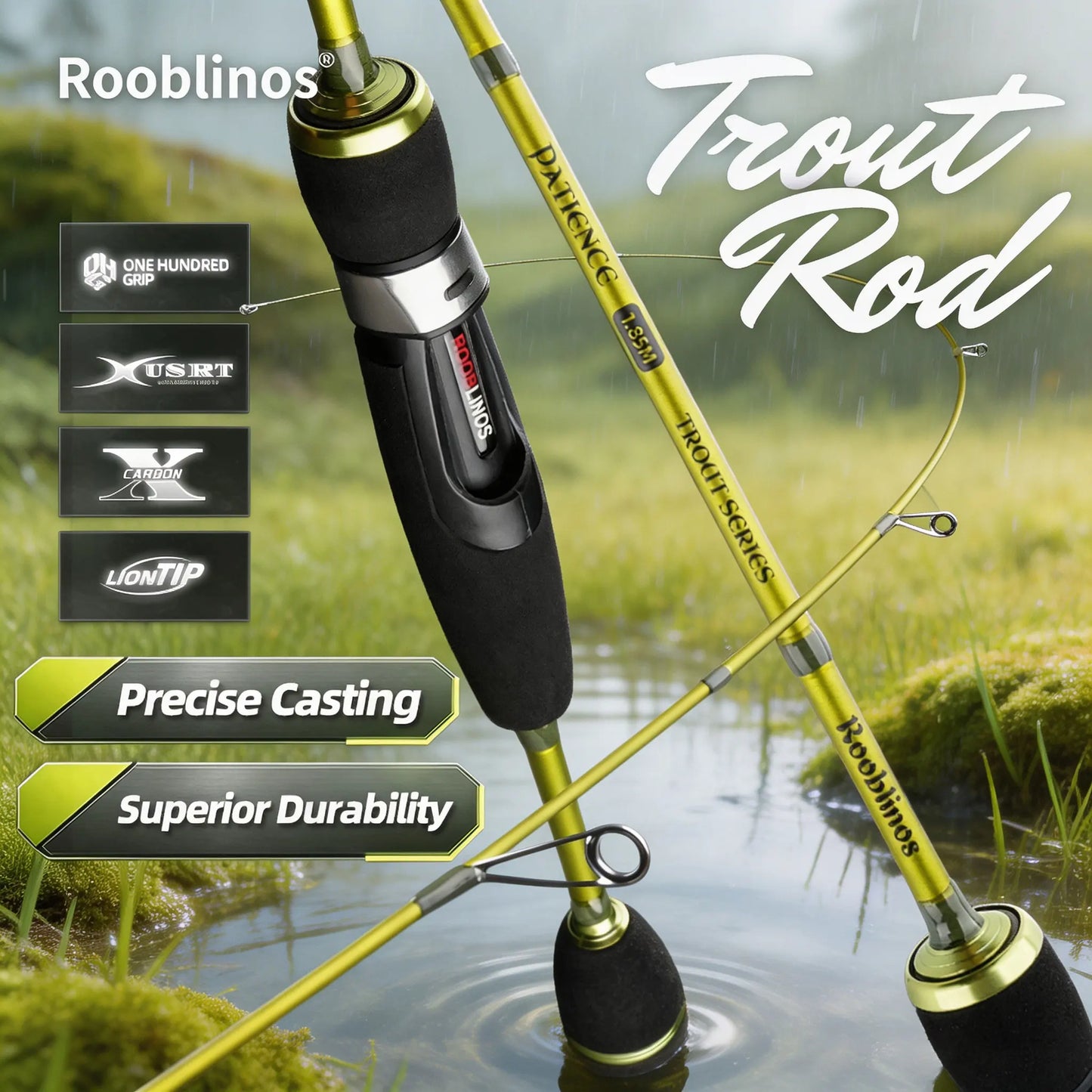 ROOBLINOS Ultralätt Öringspö 1,85m – 27T Kolfiber Fast Action Spinning 2026, Grön/Ljusgrön