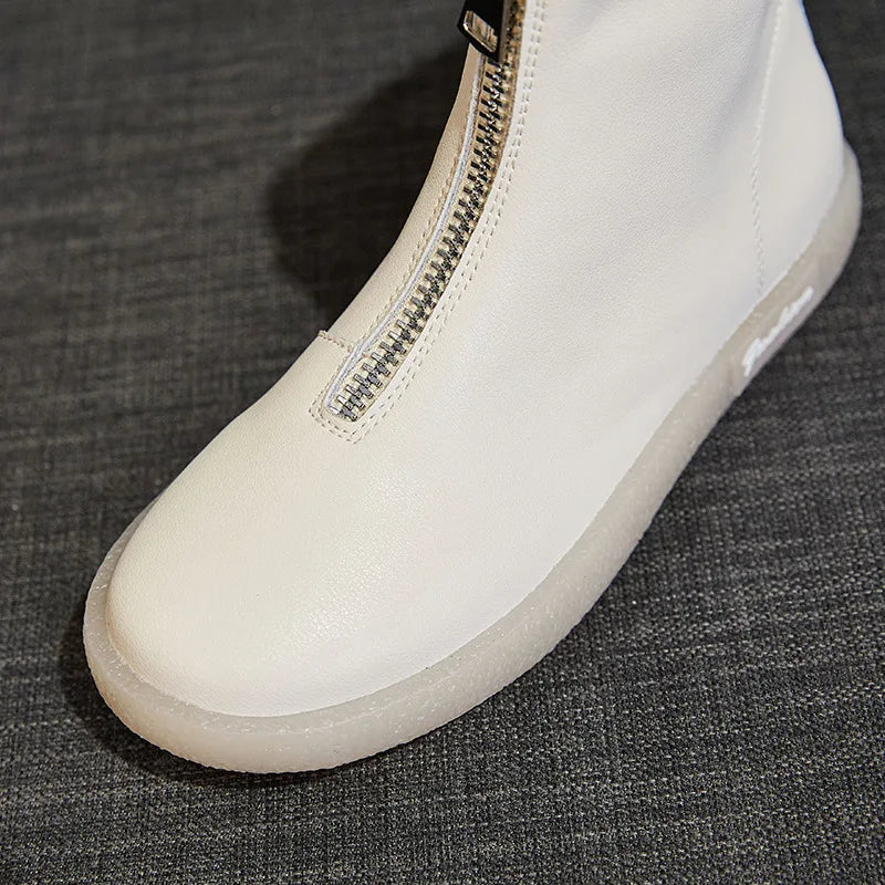 ZXRYXGS British Style Front Zipper Genuine Leather Boots Flat Sneakers 2026 Temperament Trend Autumn Winter Boots Black White