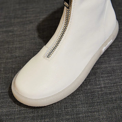 ZXRYXGS British Style Front Zipper Genuine Leather Boots Flat Sneakers 2026 Temperament Trend Autumn Winter Boots Black White