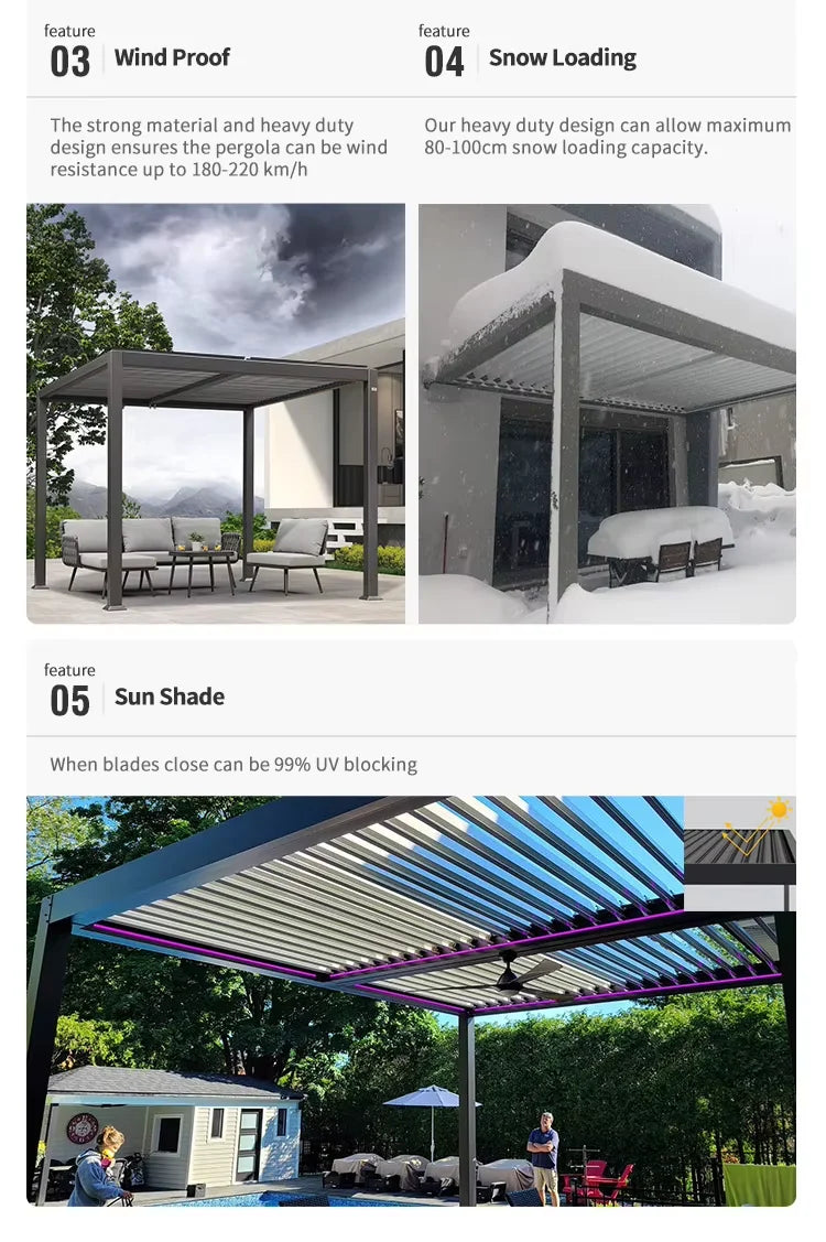 Bioklimatisk fristående metallpaviljong snölasttålig pergola för utemiljöer