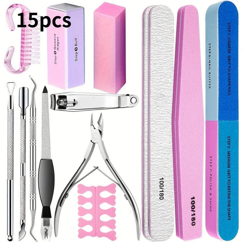 Professionellt Nagelvårdskit 10/15 delar – Filar, Buffer, Pensel, Sax, Nagelband Nippers & Gel-verktyg