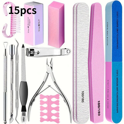 Professionellt Nagelvårdskit 10/15 delar – Filar, Buffer, Pensel, Sax, Nagelband Nippers & Gel-verktyg