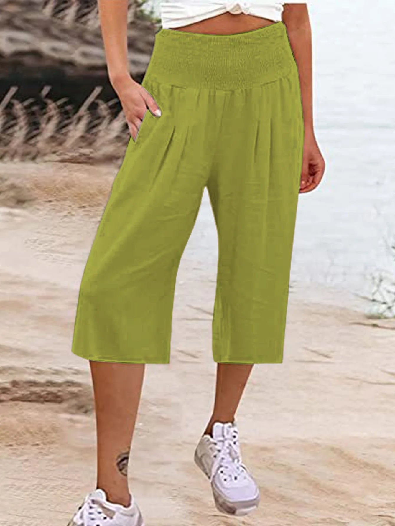Summer 2024 Amazon Eurn women's cross-border cotton hemp seven waist pocket pocket pocket pocket wide leg pants woman
