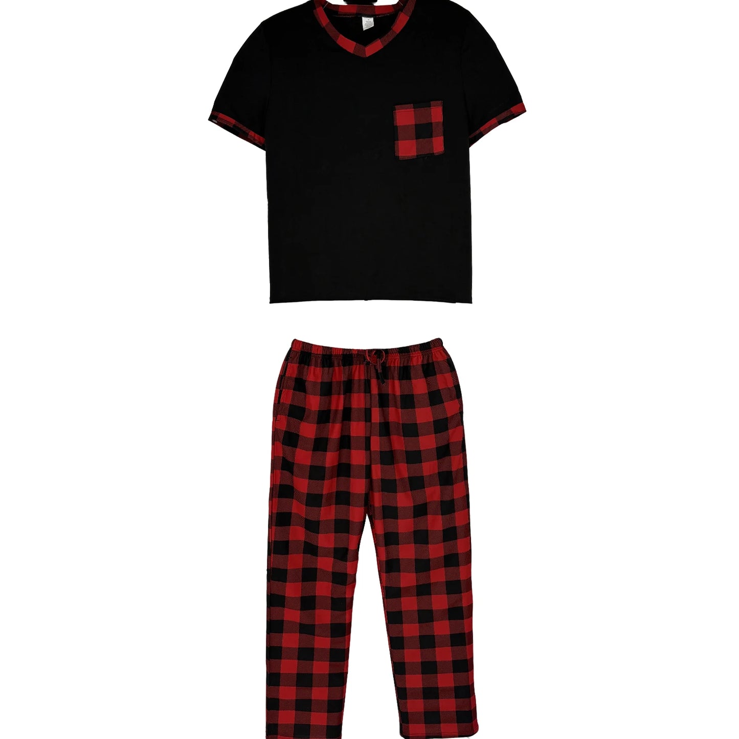 Herr Pyjamas Set Rutig – Kortärmad V-ringning & Byxor med Fickor Drawstring, 5 Färger M–1XL