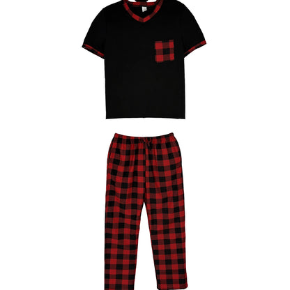 Herr Pyjamas Set Rutig – Kortärmad V-ringning & Byxor med Fickor Drawstring, 5 Färger M–1XL