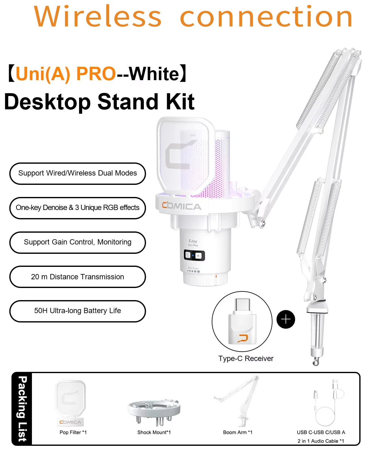 COMICA EJoy Uni Pro trådlös USB-mikrofon med RGB – välj arm eller stativ