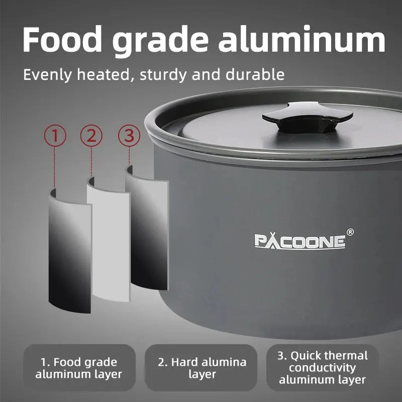 PACOONE Campingkokset – Portabelt Aluminiumset med Kastrull, Vattenkokare & Panna, Hopfällbart