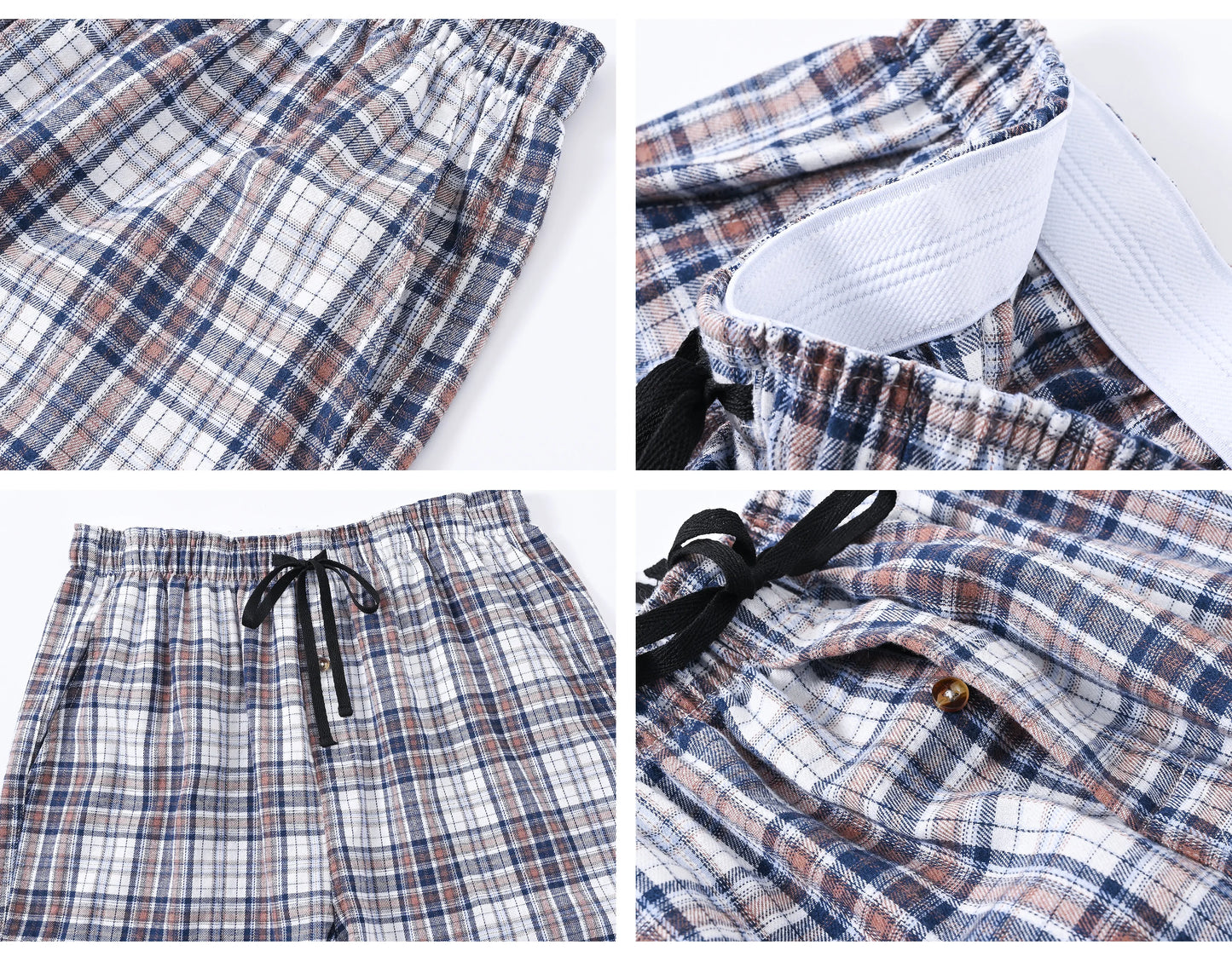 Men's 3Pcs Pajama Sleeping Pants Cotton Plaid Pjs, Long Plaid Print Sleepwear Pajama Pants with Elastic Waist Homewear