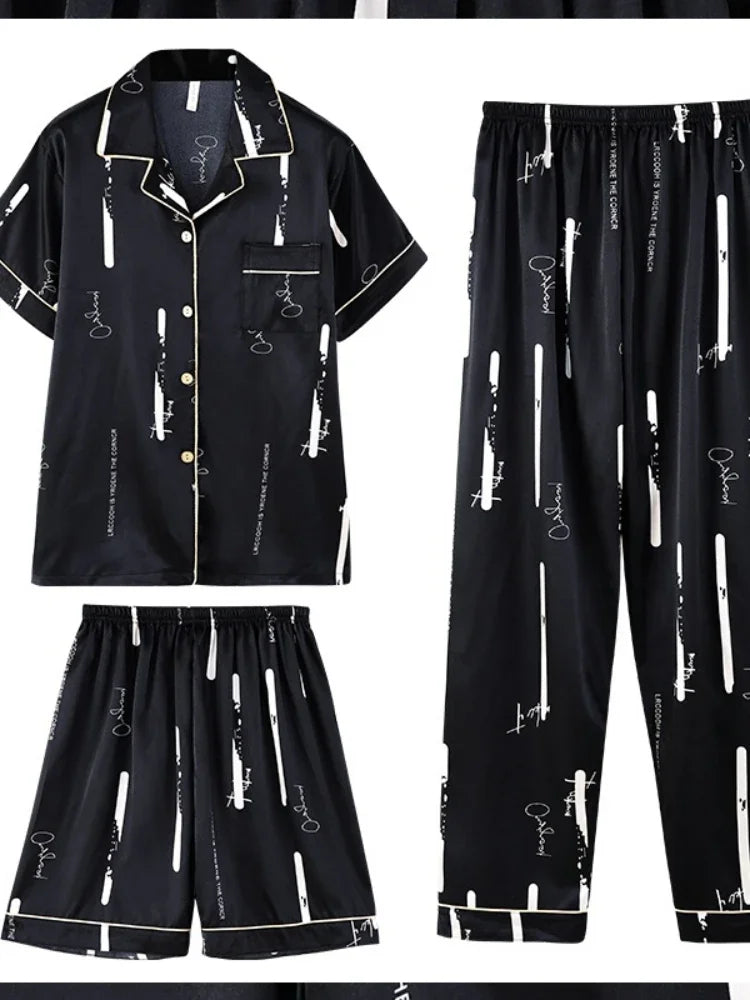 Fashion Summer Autumn 3 Piece Silk Men Pajamas Set Short Sleeve Shorts Oversize Homewear Lapel Collar Loungewear Pijamas for Man