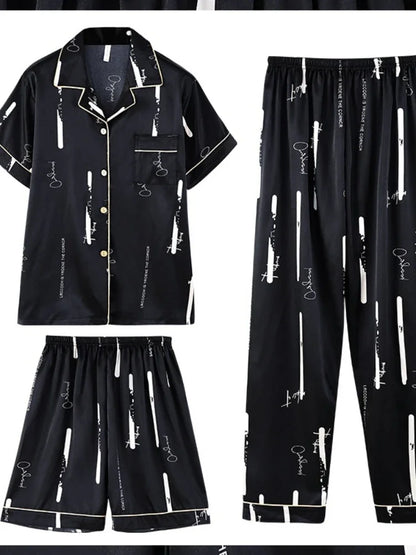Fashion Summer Autumn 3 Piece Silk Men Pajamas Set Short Sleeve Shorts Oversize Homewear Lapel Collar Loungewear Pijamas for Man