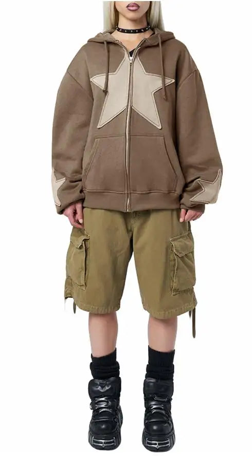 Y2K Vintage Star Print Hooded Hoodie for Women Casual Loose Long Sleeve Zip Up Drawstring Sweatshirts Autumn Spring Coat Street
