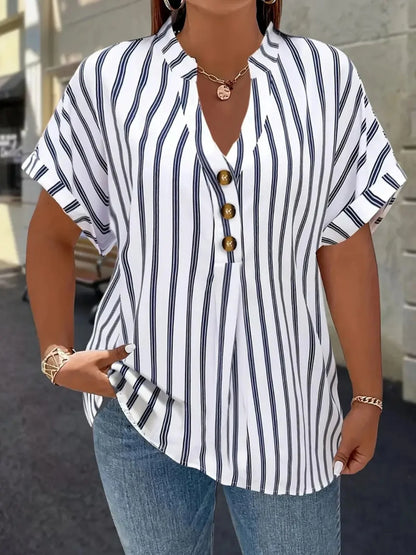 Gadinus White Plus Size Striped Blouse Women V Neck Button Front Short Sleeve Loose Fit Casual Shirt Tunic Top