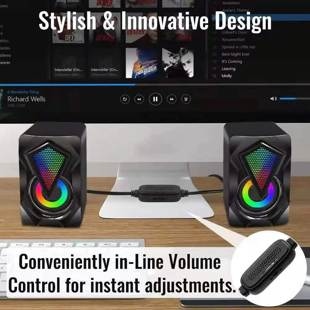 RGB Computer Speakers PC Sound Box HIFI Stereo USB Wired 3.5mm Audio Interface with LED Light For Desktop Computer Projector