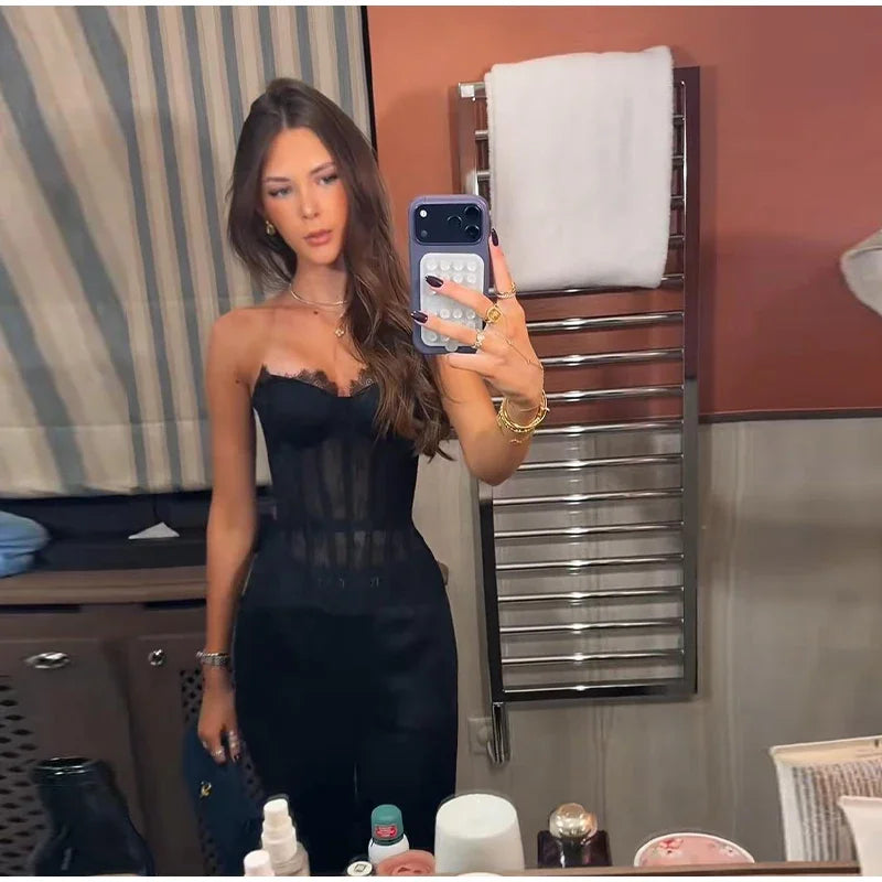 Sexy Women's Lace Fishbone Bandage Vest Black Slim Strapless Backless Female Corset 2026 Spring Summer Lady Beach Party Top New