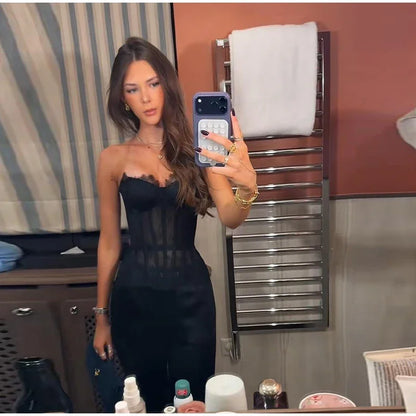 Sexy Women's Lace Fishbone Bandage Vest Black Slim Strapless Backless Female Corset 2026 Spring Summer Lady Beach Party Top New