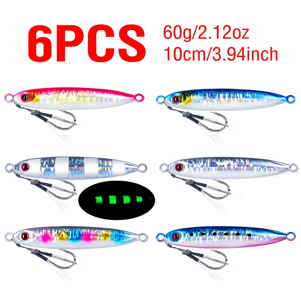 6Pcs Metal Jigging Lure 10-100g Slow Sinking Casting Bait 3D Eyes Luminous with Assist Hooks for Sea Fishing