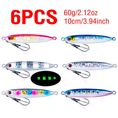 6Pcs Metal Jigging Lure 10-100g Slow Sinking Casting Bait 3D Eyes Luminous with Assist Hooks for Sea Fishing