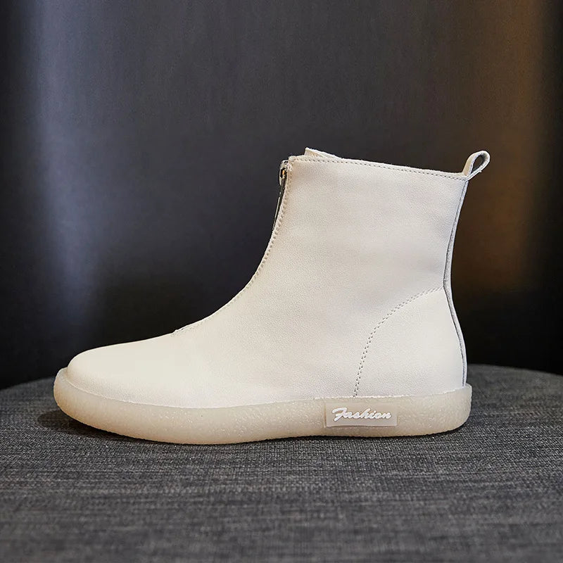 ZXRYXGS British Style Front Zipper Genuine Leather Boots Flat Sneakers 2026 Temperament Trend Autumn Winter Boots Black White