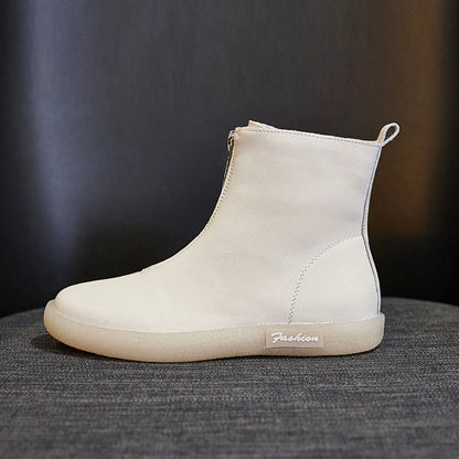 ZXRYXGS British Style Front Zipper Genuine Leather Boots Flat Sneakers 2026 Temperament Trend Autumn Winter Boots Black White