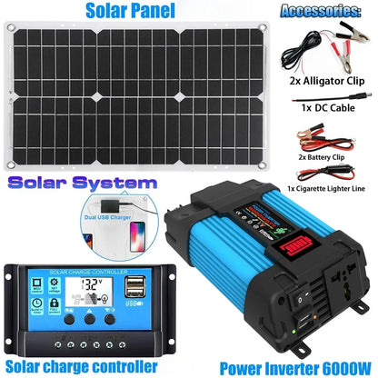 Komplett Solkraftsystem 4000W/6000W – 20W Monokristallin Solpanel + Modifierad Sinusvåg Inverter 110V/220V + 30A PWM-regulator 12V/24V