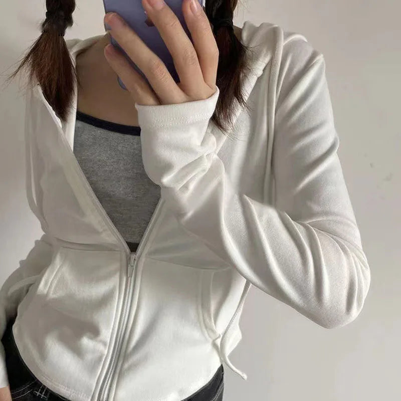 Women's Slim Fit Hooded Zip Up Sports Sweatshirt | Autumn Cropped Casual Jacket Long Sleeve Athletic Outerwear K Pop Clothes