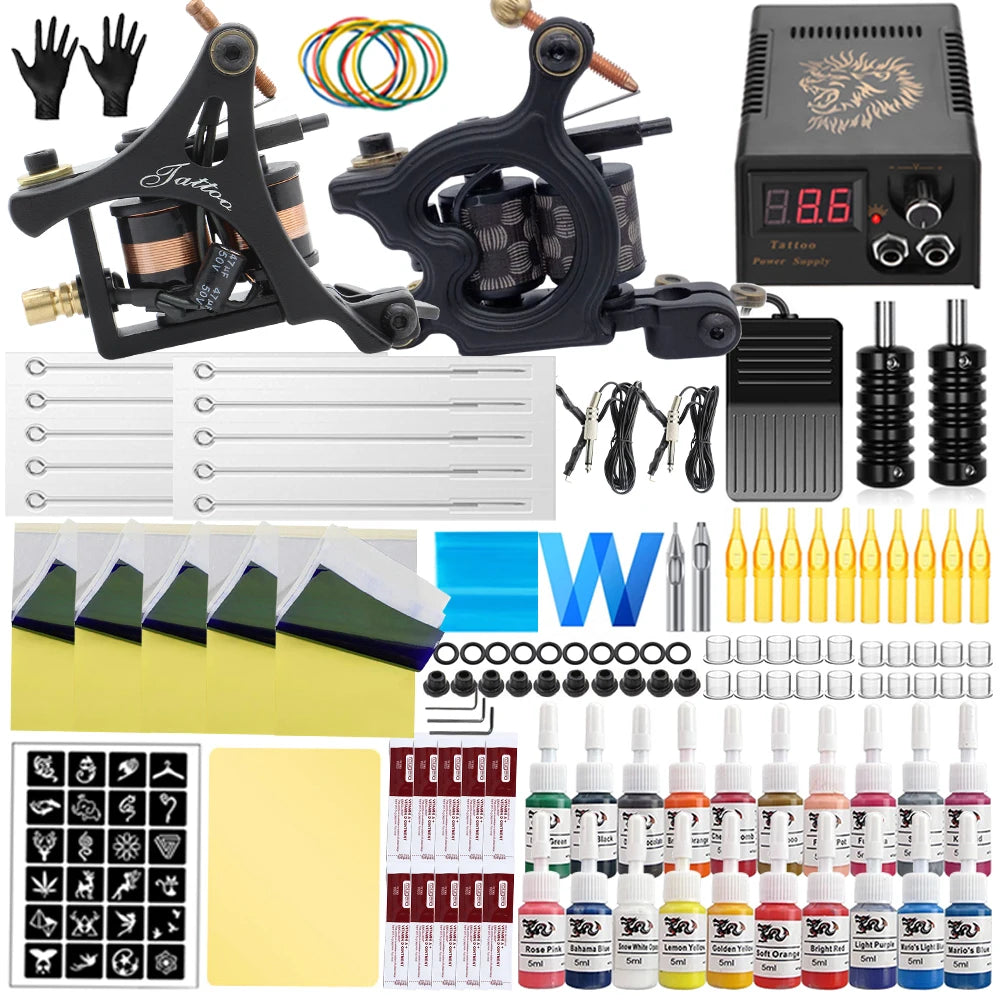 Coils Tattoo Machine Kit Power Supply with Tattoo Needles Ink Accessories Set for Tattoo Body Art Tool Permanent Makeup Kit