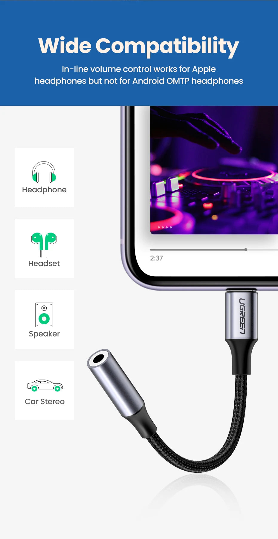 UGREEN Adapter for iPhones MFi DAC Lightning to 3.5mm Headphone Adapter For iPhone 12 11 Pro max xr Aux Cable Phone Accessories