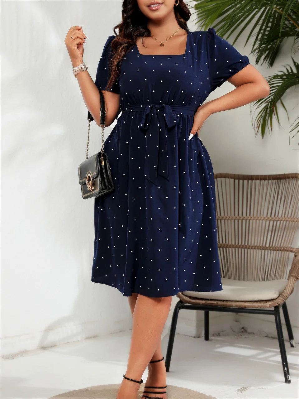 GIBSIE Plus Size Square Neck Polka Dot Belted Dress Women's Elegant Retro Puff Sleeve High Waist Summer A-line Big Swing Dresses