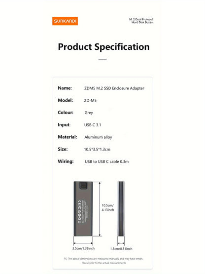 SUNKANDI M.2 NVME SATA SSD Enclosure Adapter, USB C 3.1 Gen 2 (10 Gbps) To M.2 PCIe NVMe and SATA SSDs Support for SSDs 2230