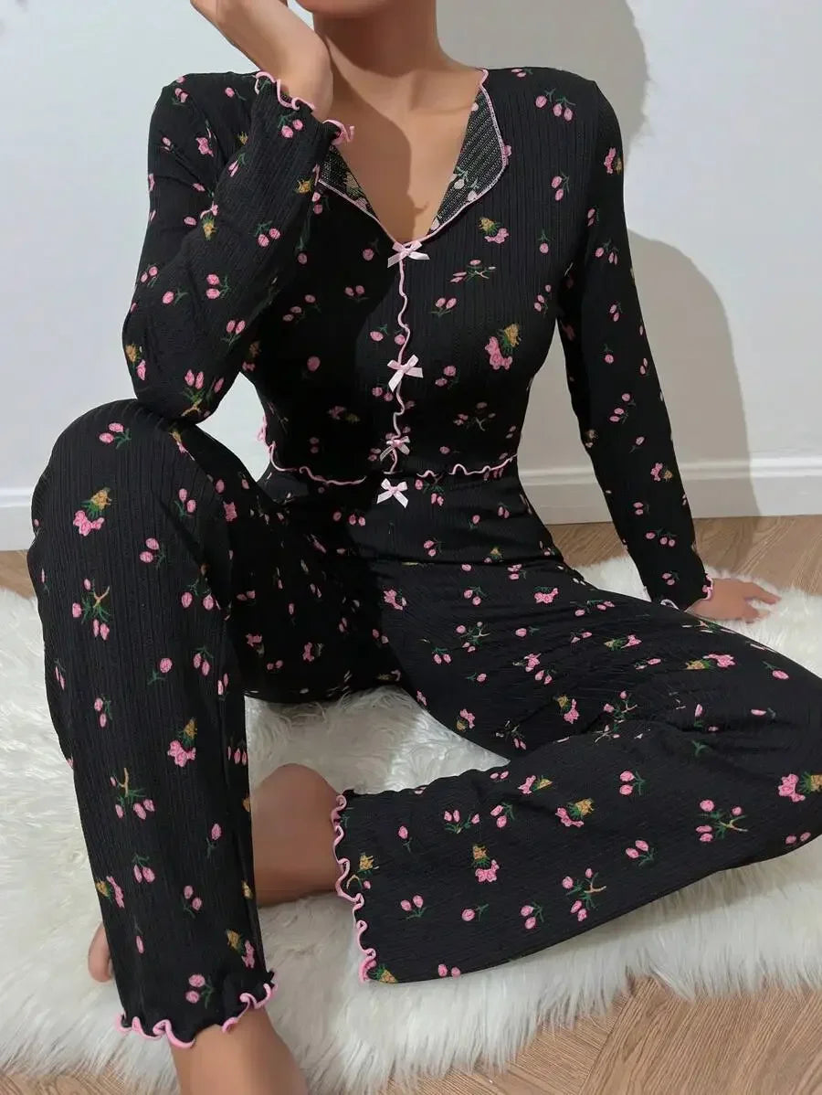 Dam Pyjamas 2-delat Set Höst & Vinter – Blommigt Tryck, Långärmad Loungewear