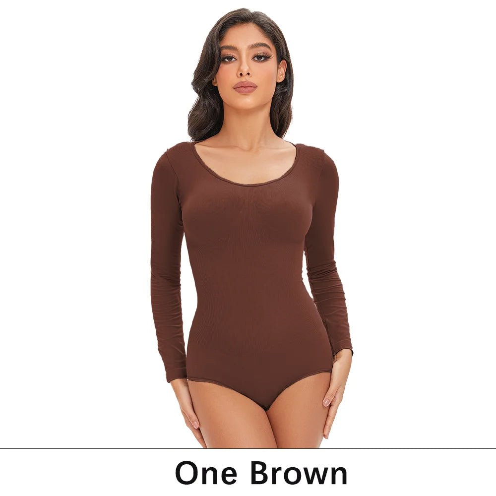 POKARLA Spandex Elastic Body Suit Shapewear Women Body Shaper Tummy Control Long Sleeve Open Crotch Round Neck Seamless Shapers