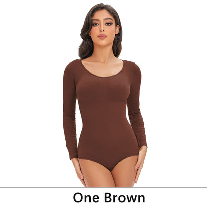 POKARLA Spandex Elastic Body Suit Shapewear Women Body Shaper Tummy Control Long Sleeve Open Crotch Round Neck Seamless Shapers