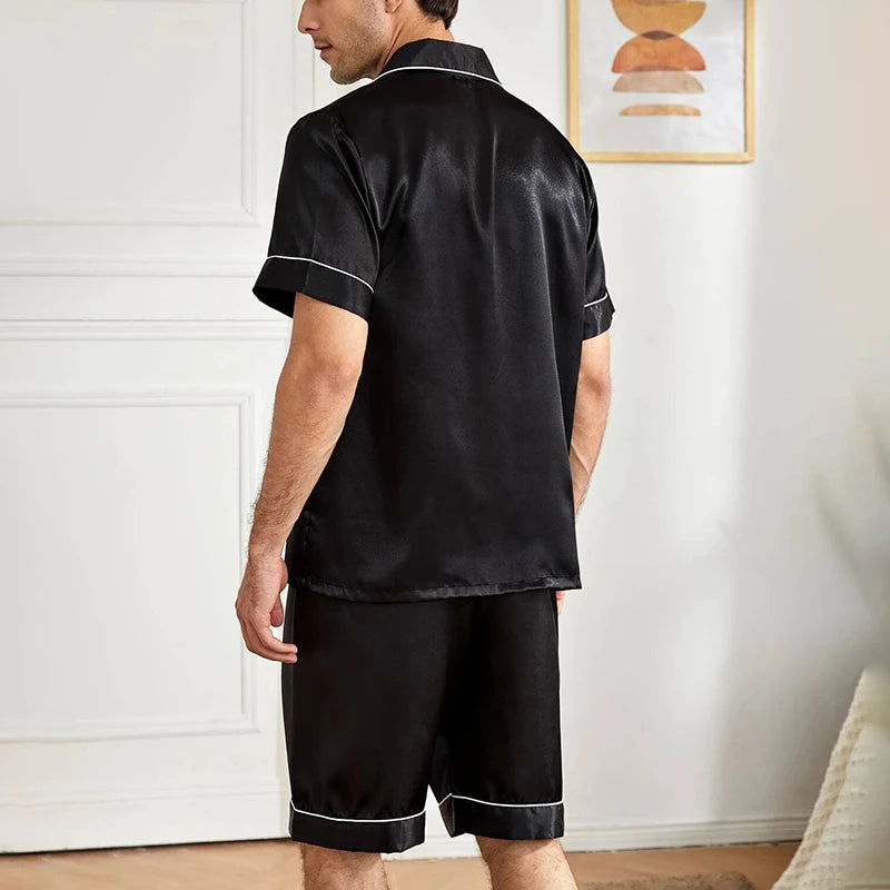 Herr Satinpyjamas Sommar – Kortärmad Skjorta & Shorts 2-delad, 4 Färger S–XL