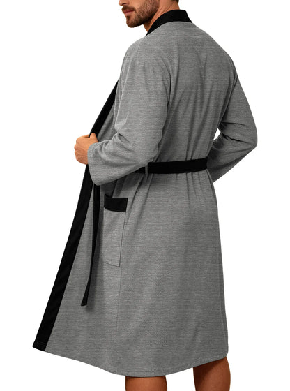 Men's Twill Fabric Long Bathrobe with Belt Design, Double Pockets, Casual Home Pajamas, Loose Fit, Hotel Resort Style, Nightwear